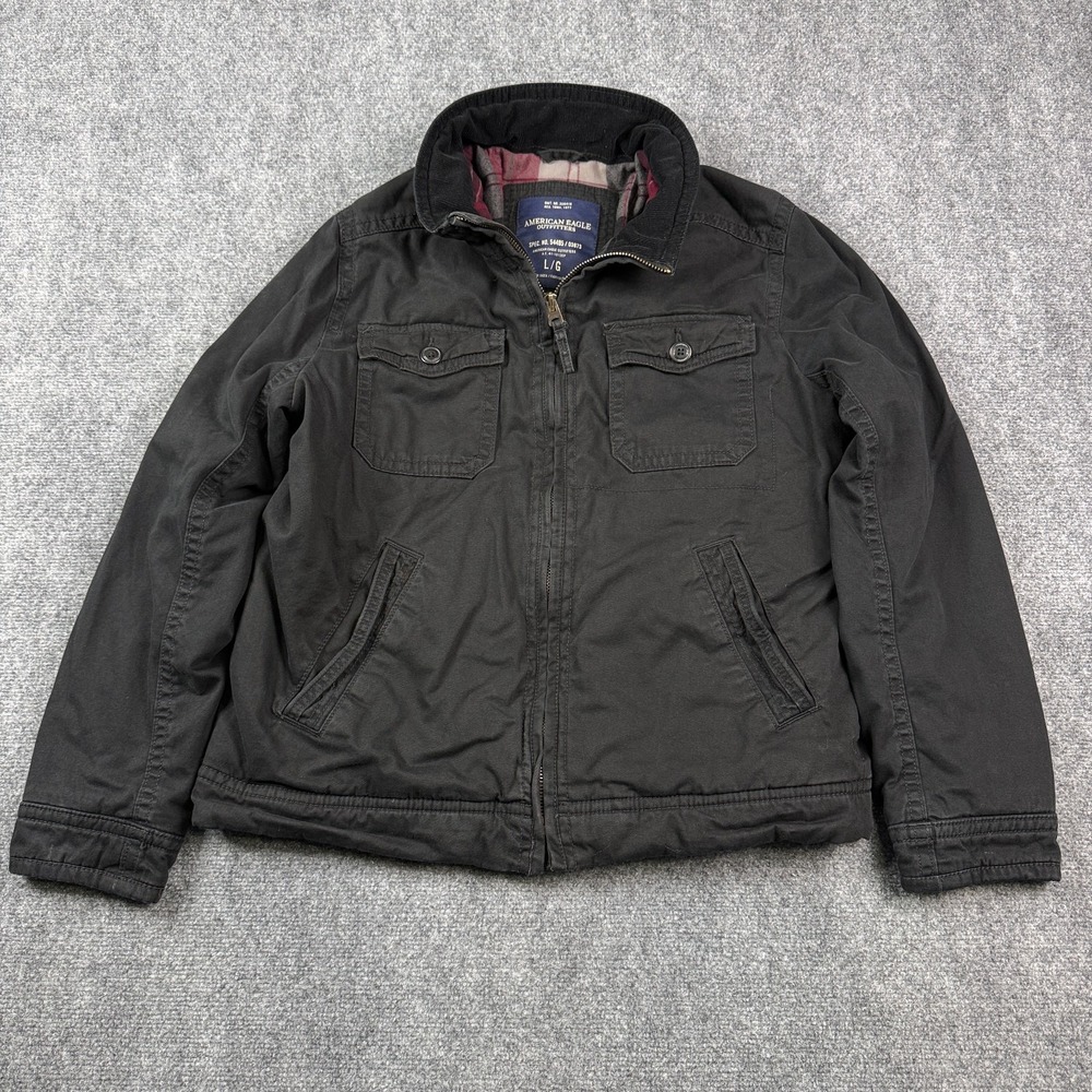American Eagle Mens Jacket L Black Canvas Plaid Lined Corduroy Collar Workwear